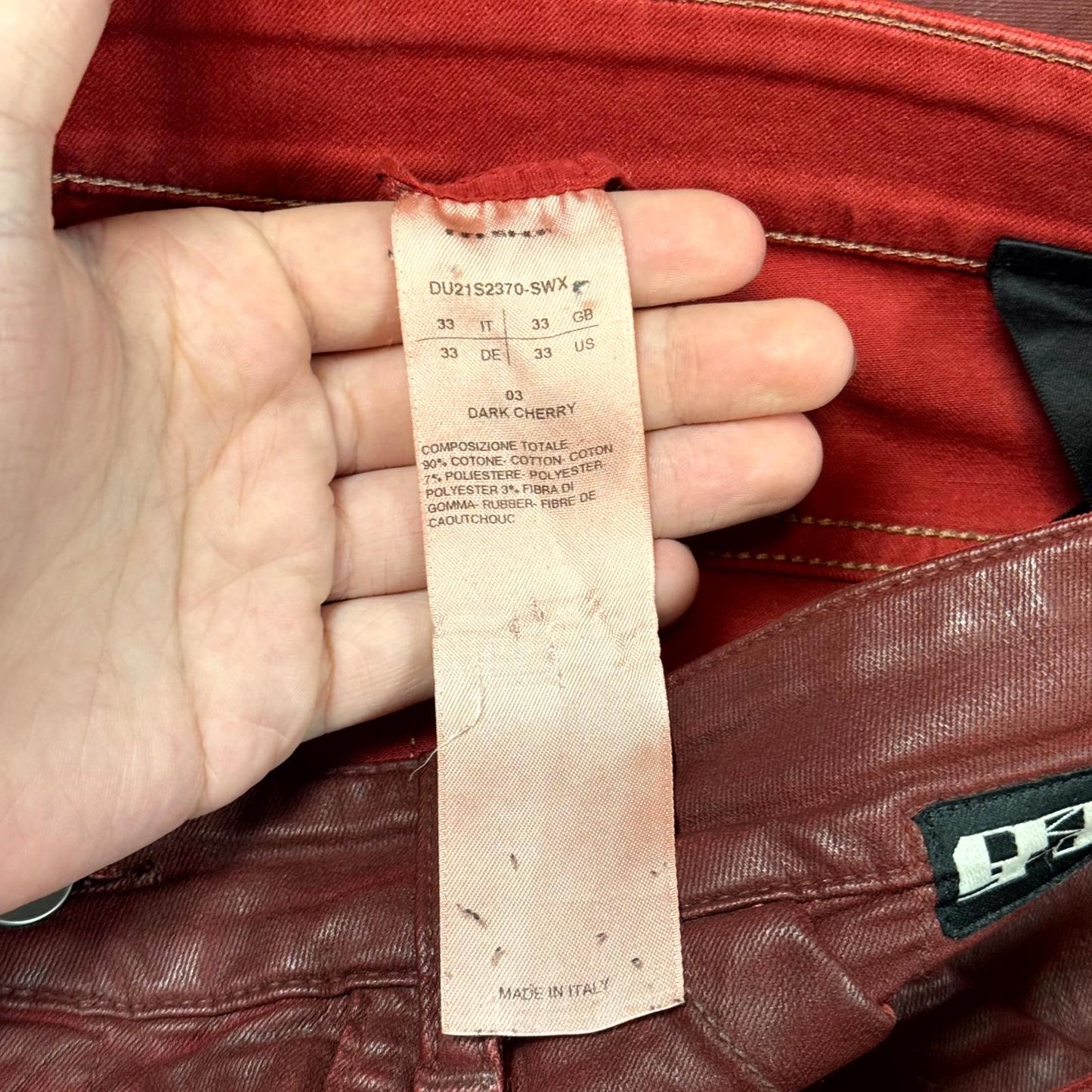 SS21 Rick Owens Dark Cherry Waxed Creatch Cargos