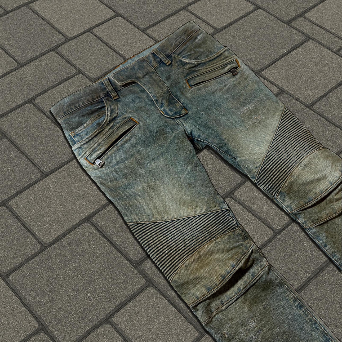 SS15 Balmain Dirty Mudwash Biker Denim