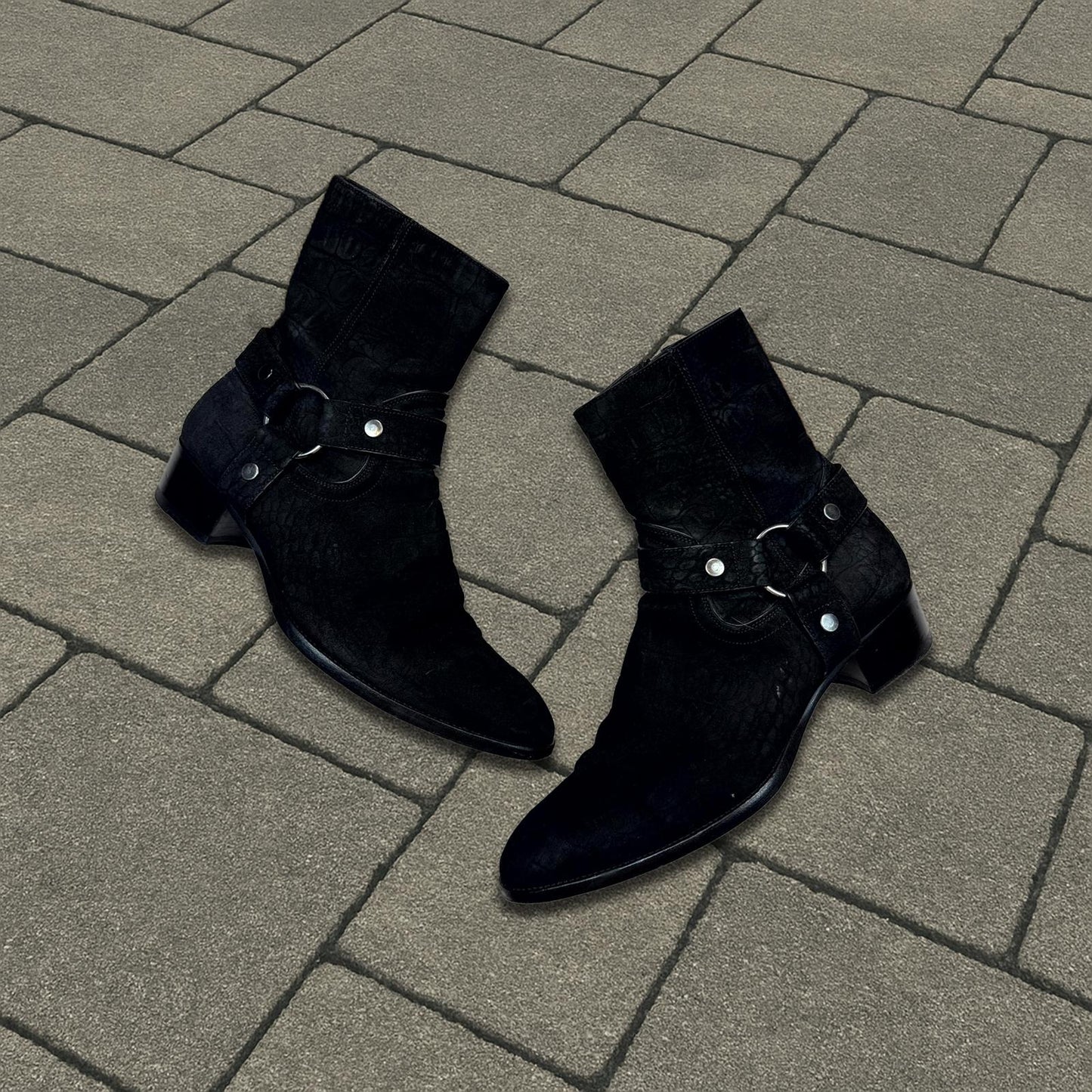 Saint Laurent Paris Black Croc Embossed Wyatt Boots