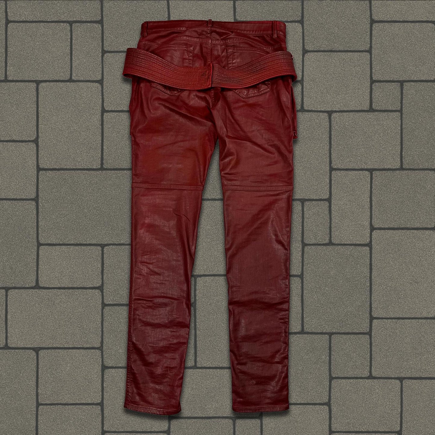 SS21 Rick Owens Dark Cherry Waxed Creatch Cargos