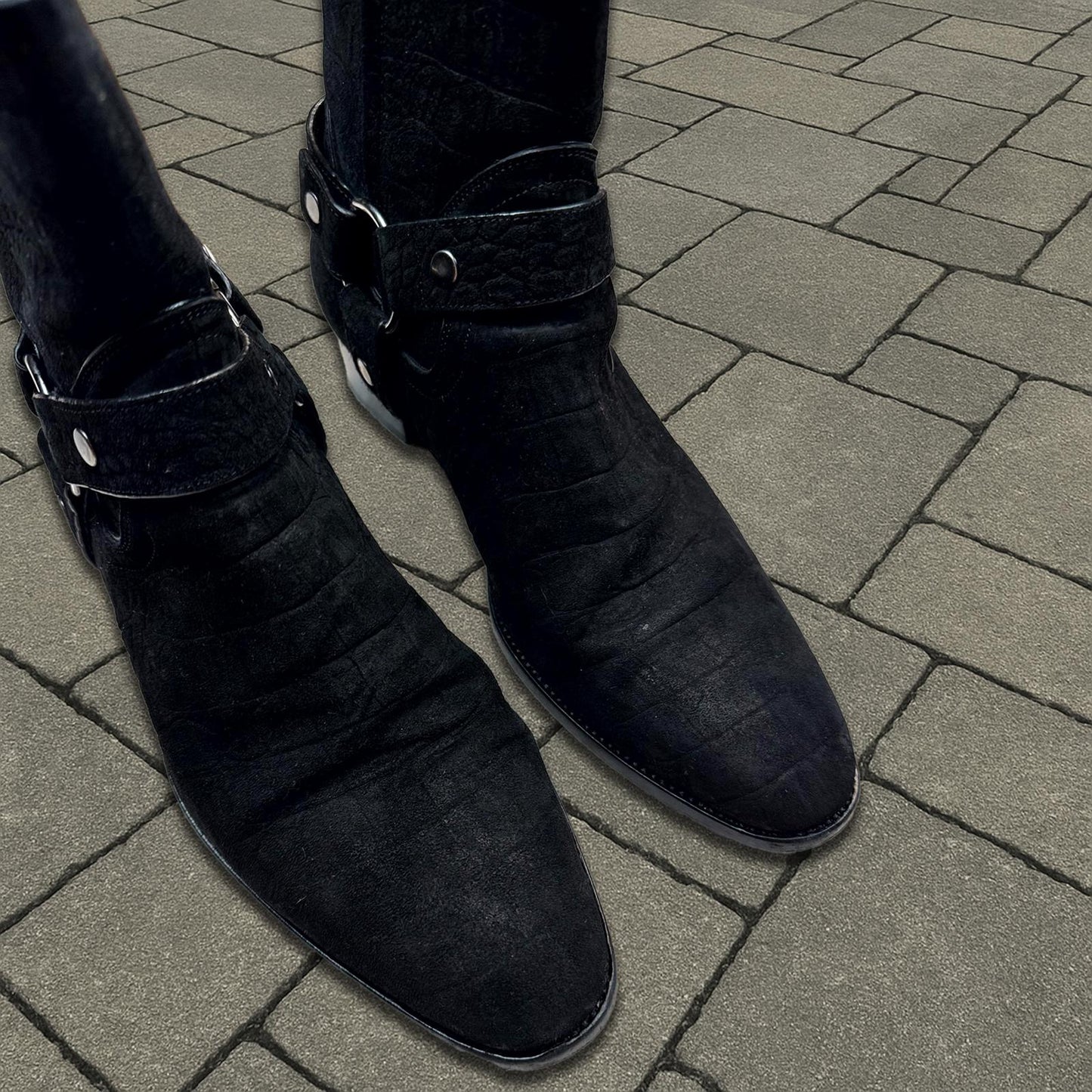 Saint Laurent Paris Black Croc Embossed Wyatt Boots