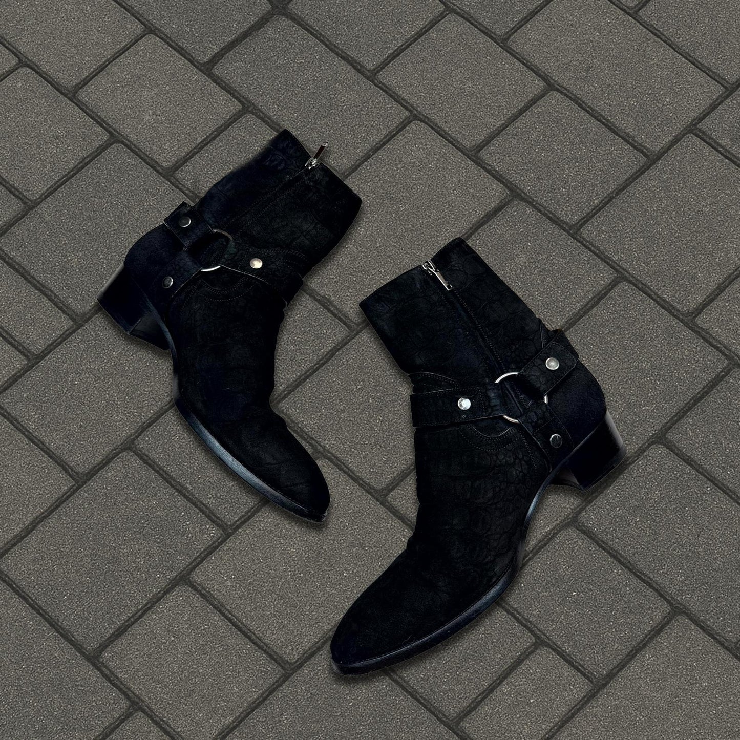 Saint Laurent Paris Black Croc Embossed Wyatt Boots