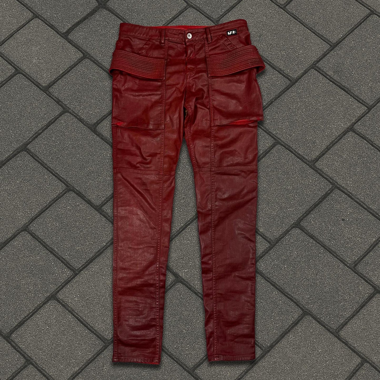 SS21 Rick Owens Dark Cherry Waxed Creatch Cargos