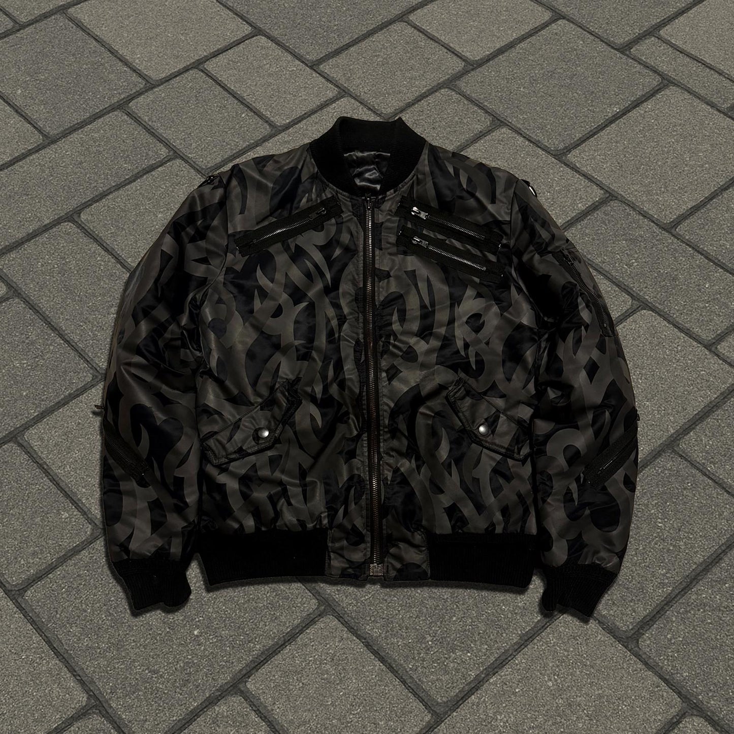 AW04 Number (N)ine Black Tribal Camo Bondage Bomber Jacket