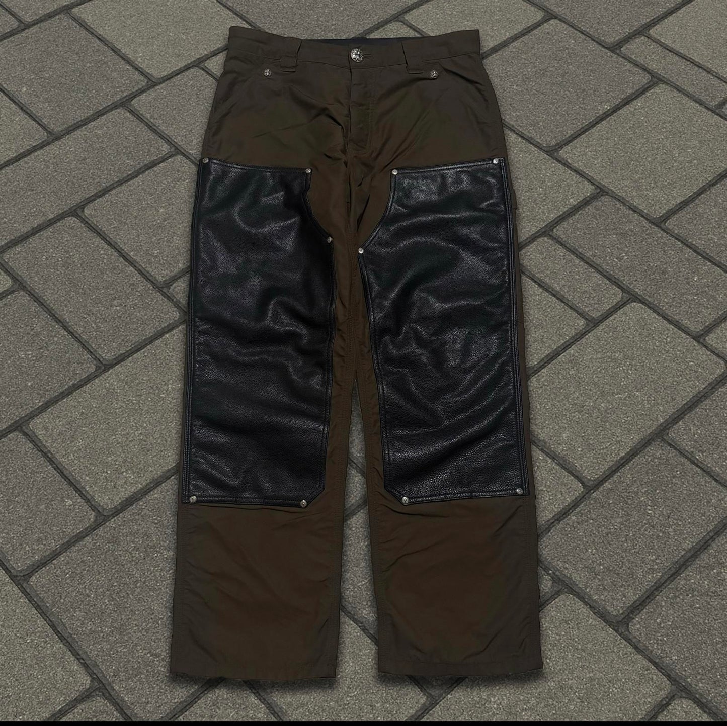 Chrome Hearts Brown Leather Knee Pink Cross Carpenter Pants