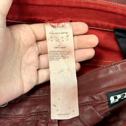 SS21 Rick Owens Dark Cherry Waxed Creatch Cargos