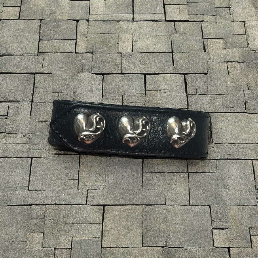 Chrome Hearts Black Leather Heart 3 Snap Bracelet
