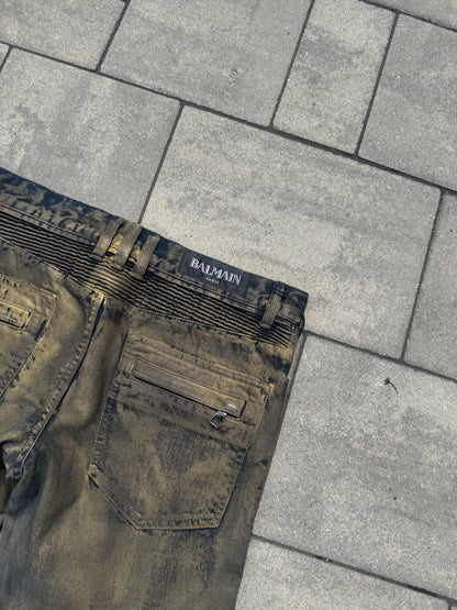 Balmain Gold Waxed Biker Denim