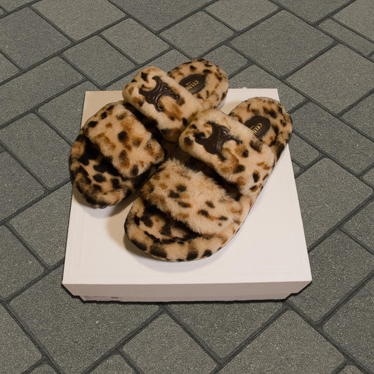 FW23 Celine Leopard Shearling Fur Slides