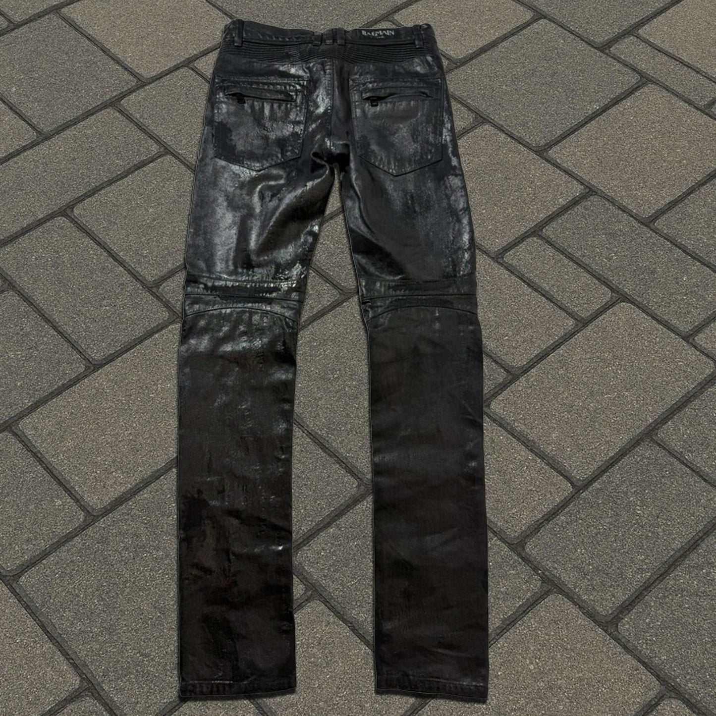 AW15 Balmain Black Wax Coated Biker Denim