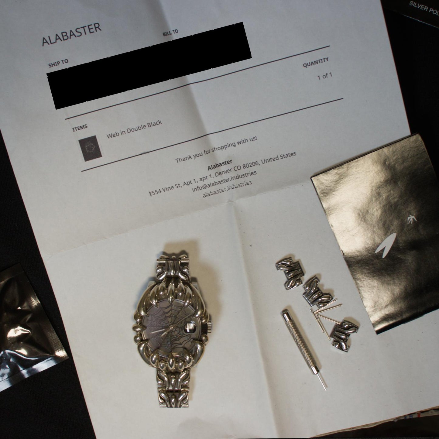 Alabaster Industries Black Spiderweb Silver Watch