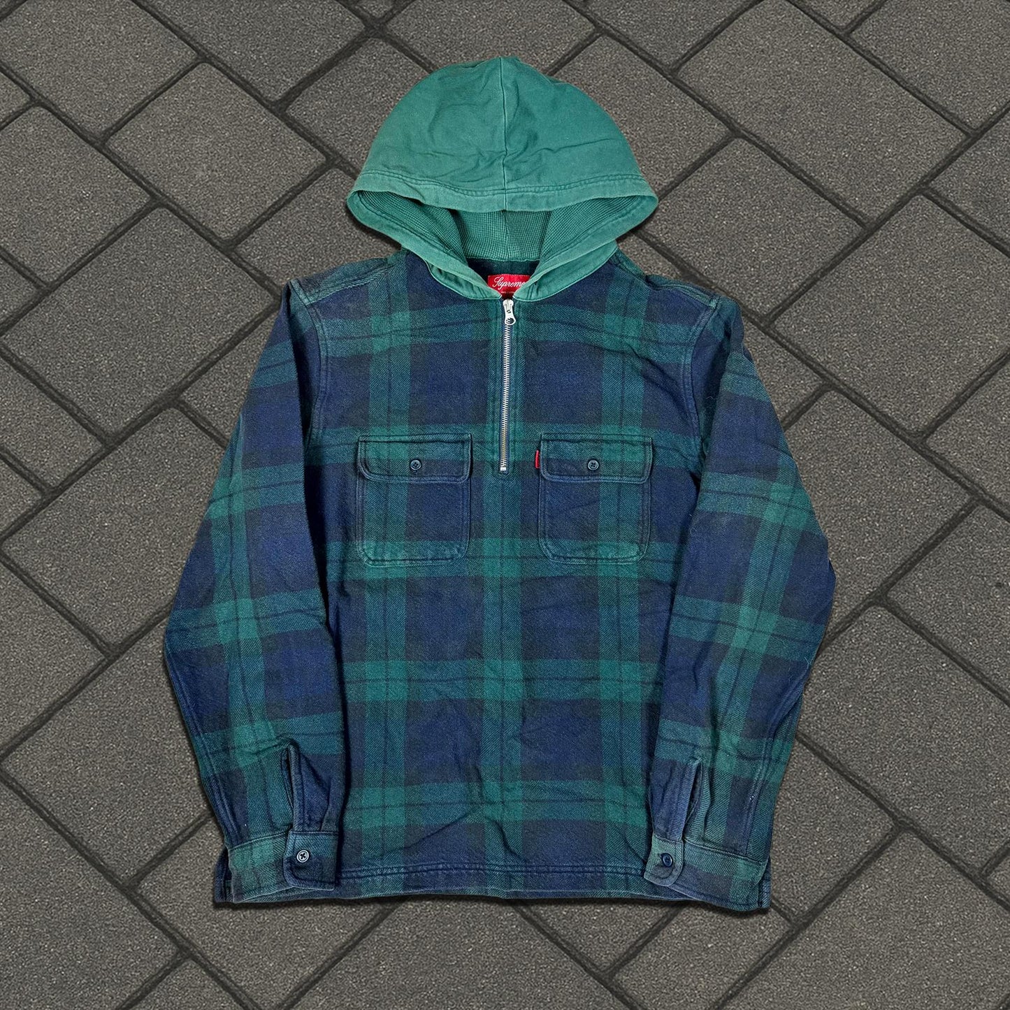 FW16 Supreme Green Plaid Hooded Quarter Zip Flannel