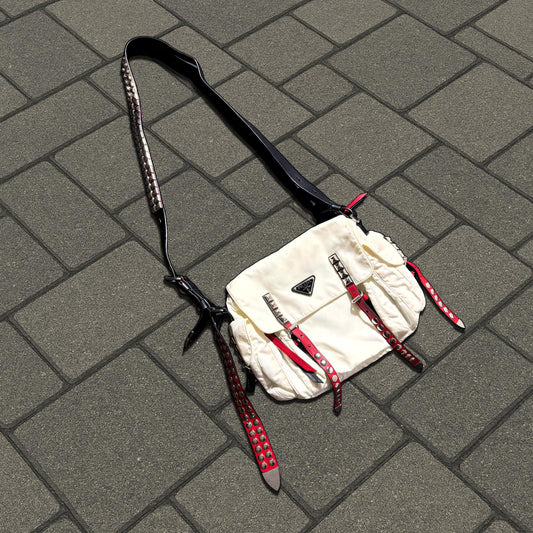 Prada White Nylon Studded Messenger Bag