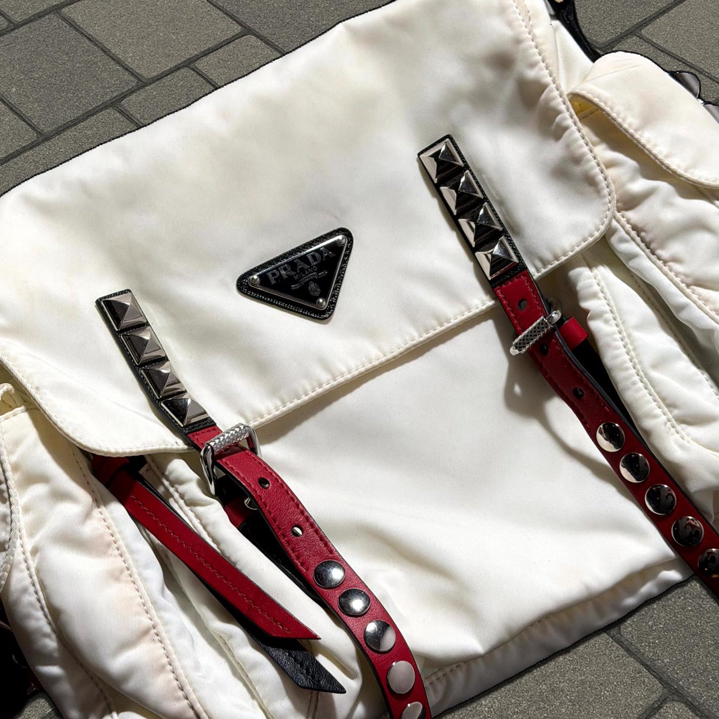 Prada White Nylon Studded Messenger Bag