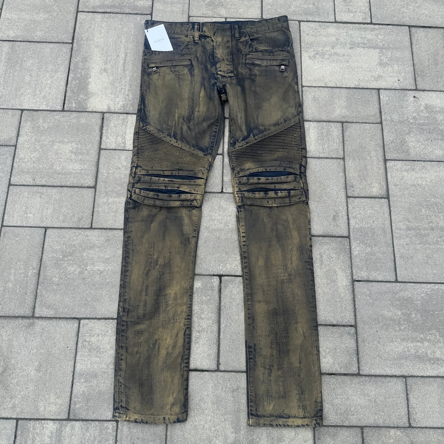 Balmain Gold Waxed Biker Denim