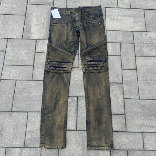 Balmain Gold Waxed Biker Denim
