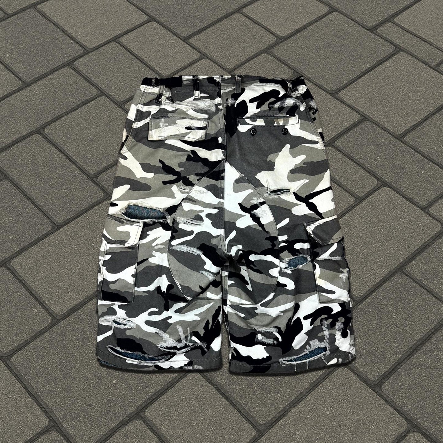 Balenciaga Trompe Loeil Snow Camo Destroyed Shorts