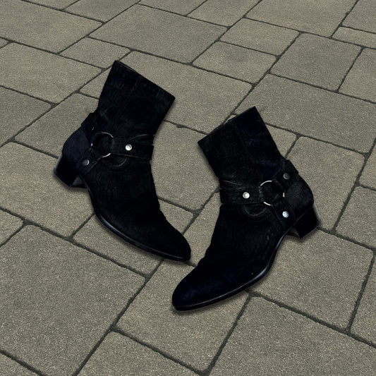 Saint Laurent Paris Black Croc Embossed Wyatt Boots