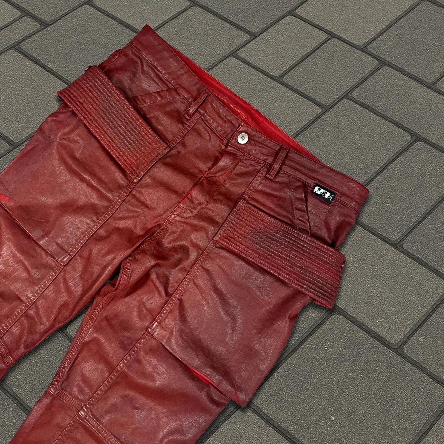 SS21 Rick Owens Dark Cherry Waxed Creatch Cargos