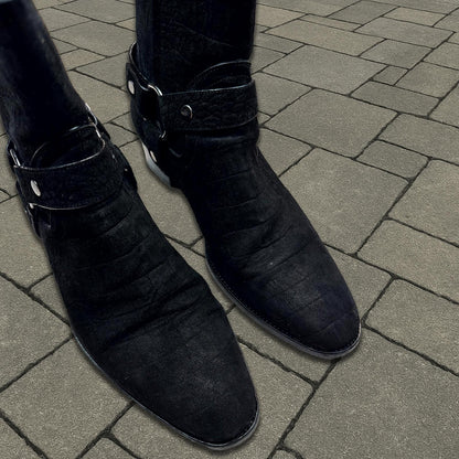 Saint Laurent Paris Black Croc Embossed Wyatt Boots