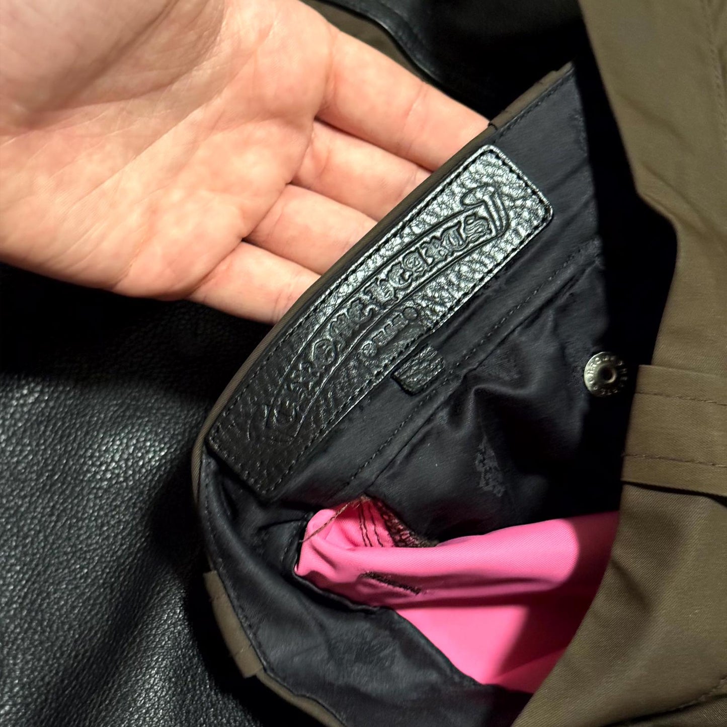 Chrome Hearts Brown Leather Knee Pink Cross Carpenter Pants