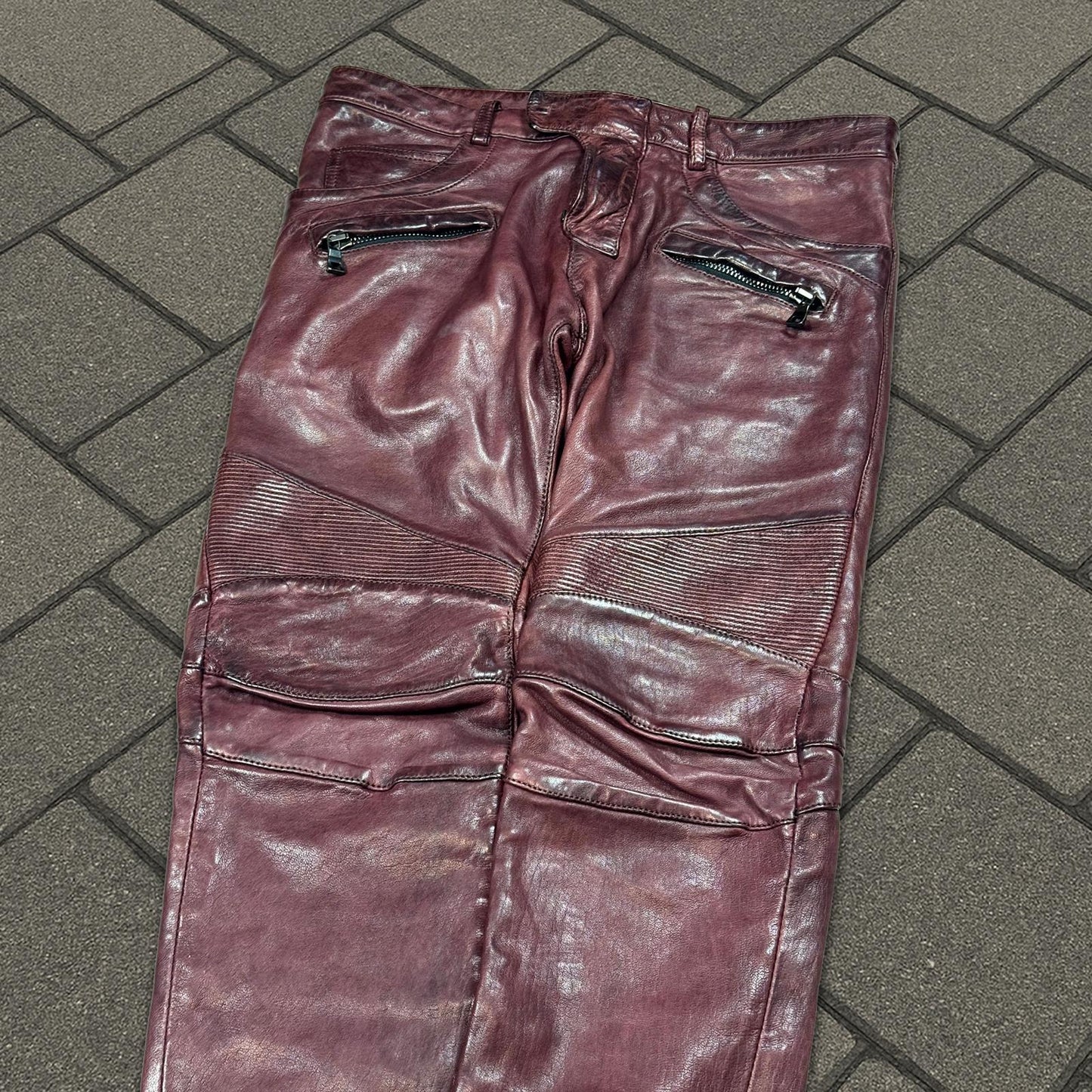 FW13 Balmain Oxblood Leather Biker Pants