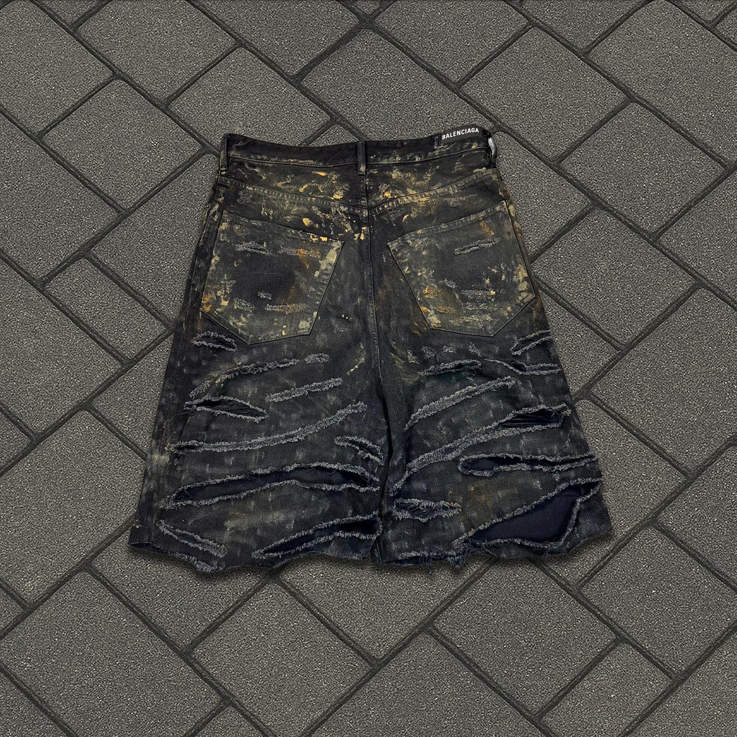 SS23 Balenciaga Thrashed Mud Denim Shorts