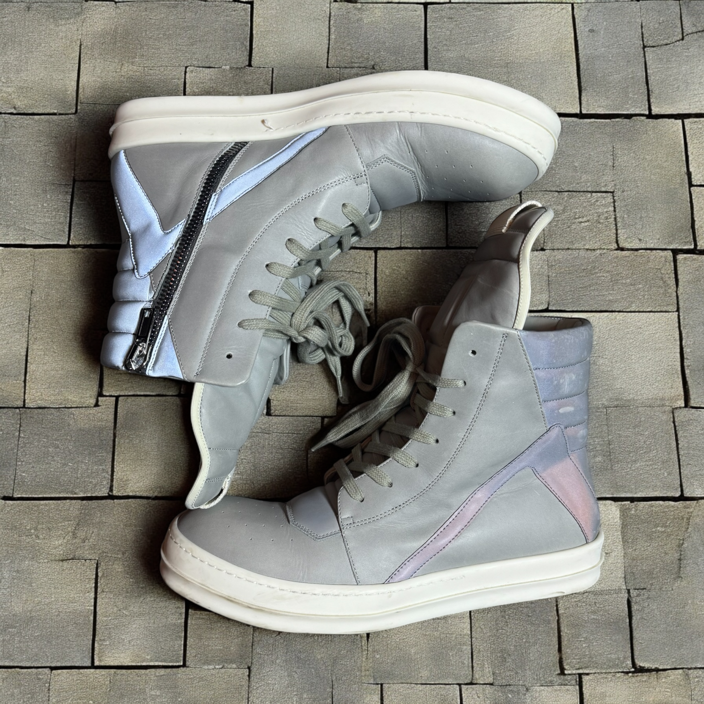 Rick Owens Pearl Grey Reflective Geobaskets