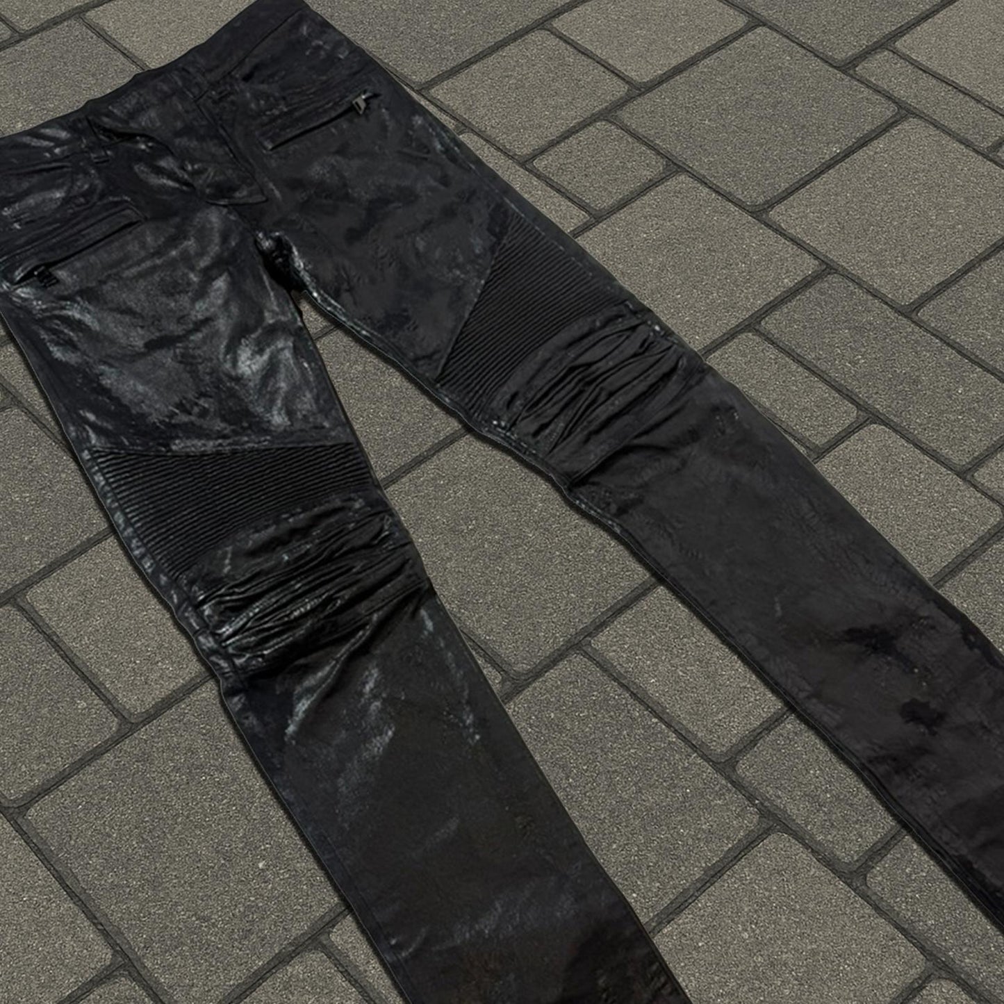 AW15 Balmain Black Wax Coated Biker Denim