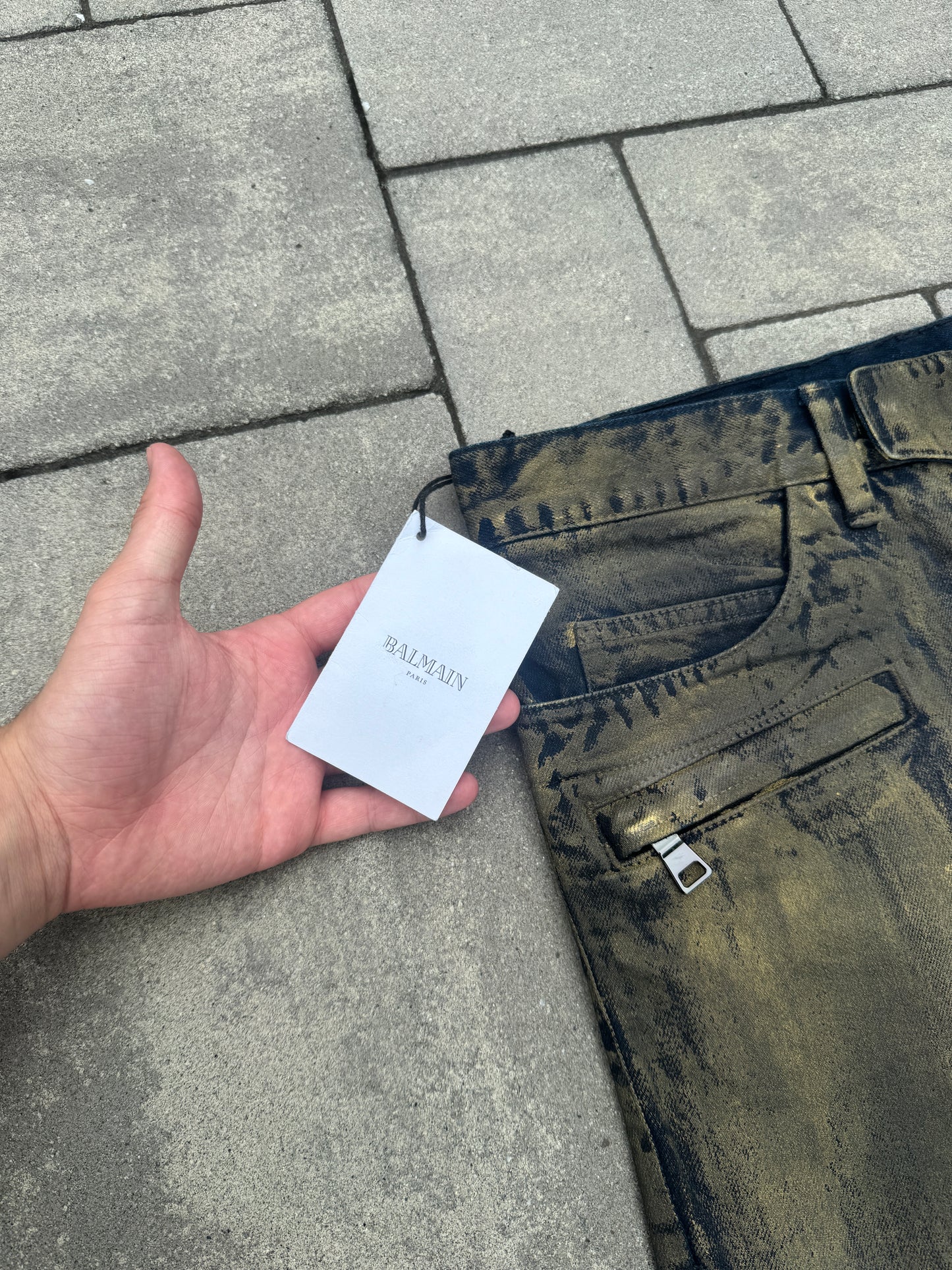 Balmain Gold Waxed Biker Denim