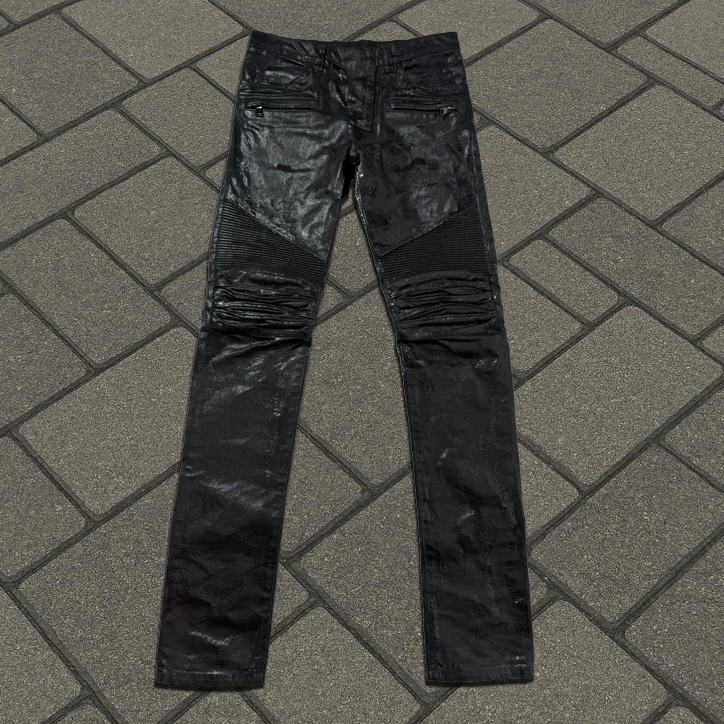 AW15 Balmain Black Wax Coated Biker Denim