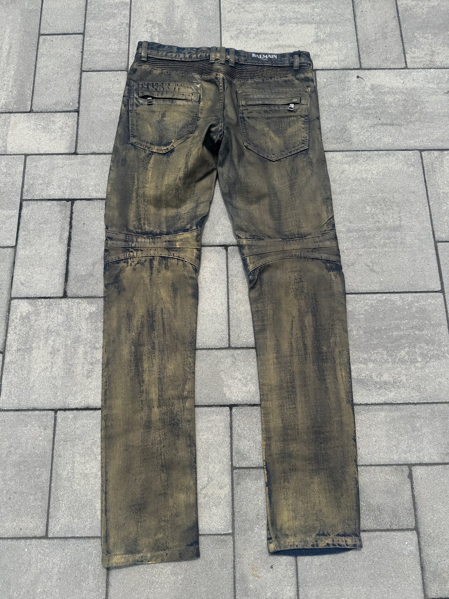 Balmain Gold Waxed Biker Denim