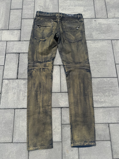 Balmain Gold Waxed Biker Denim