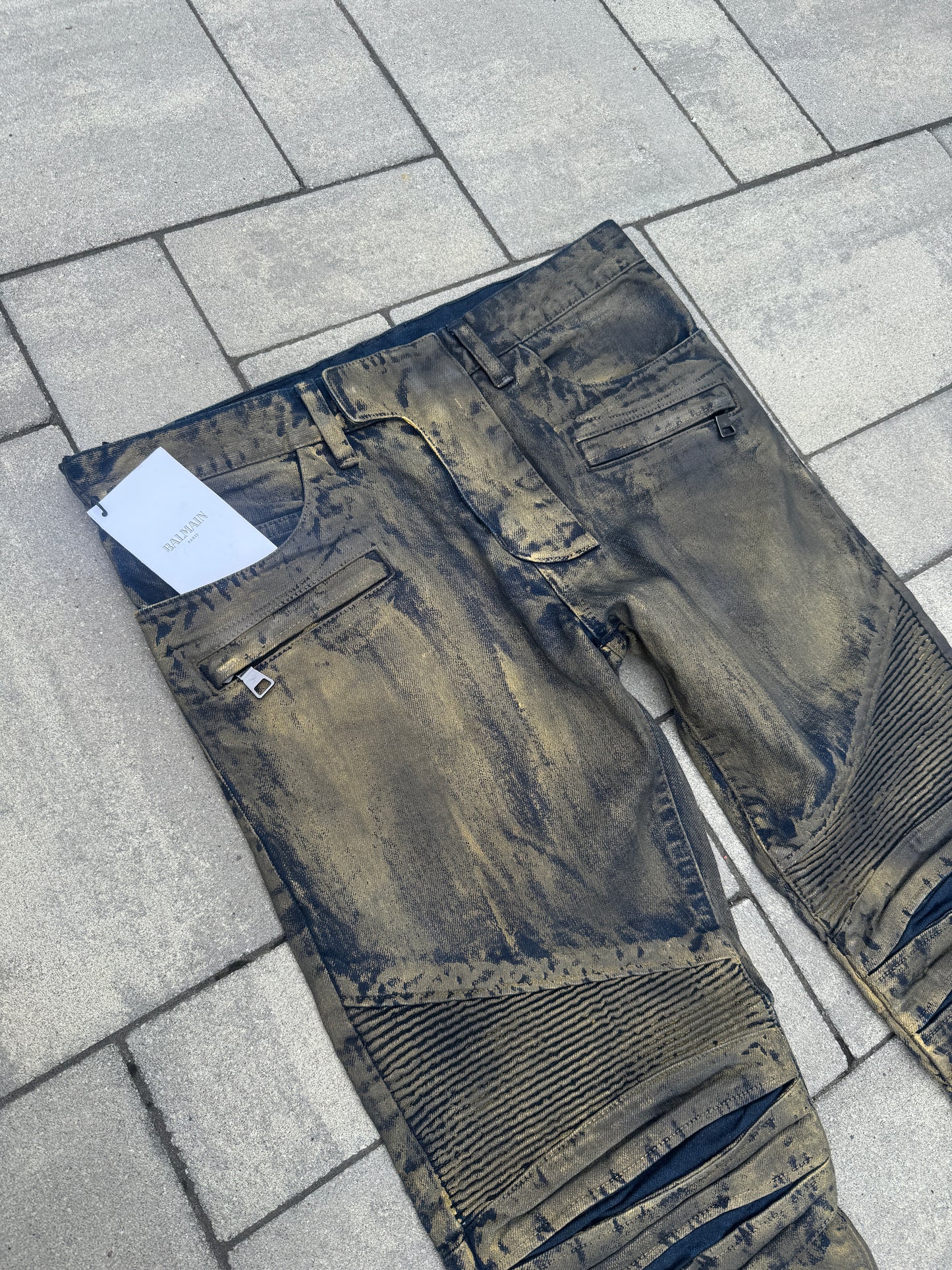 Balmain Gold Waxed Biker Denim