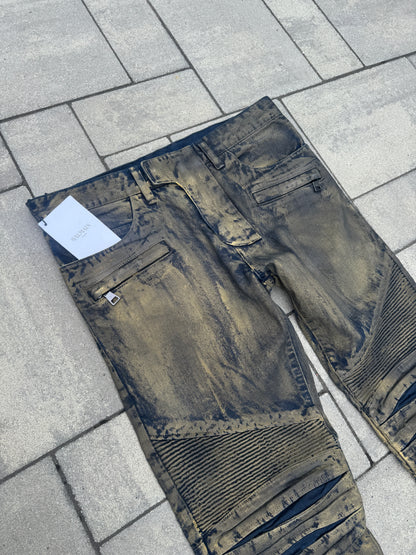 Balmain Gold Waxed Biker Denim