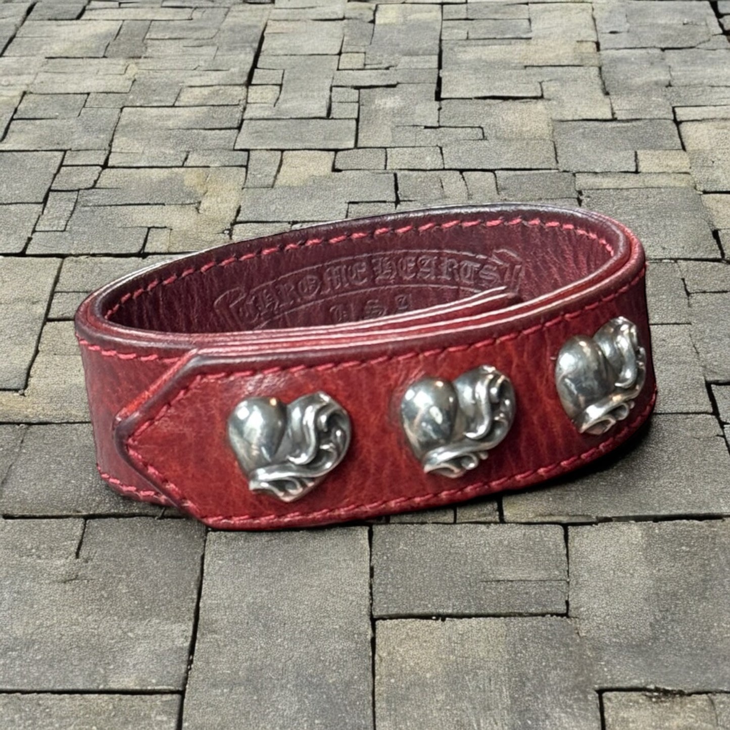 Chrome Hearts Red Heart 3 Snap Leather Bracelet
