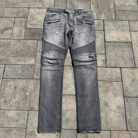 Balmain Grey Distressed Biker Denim