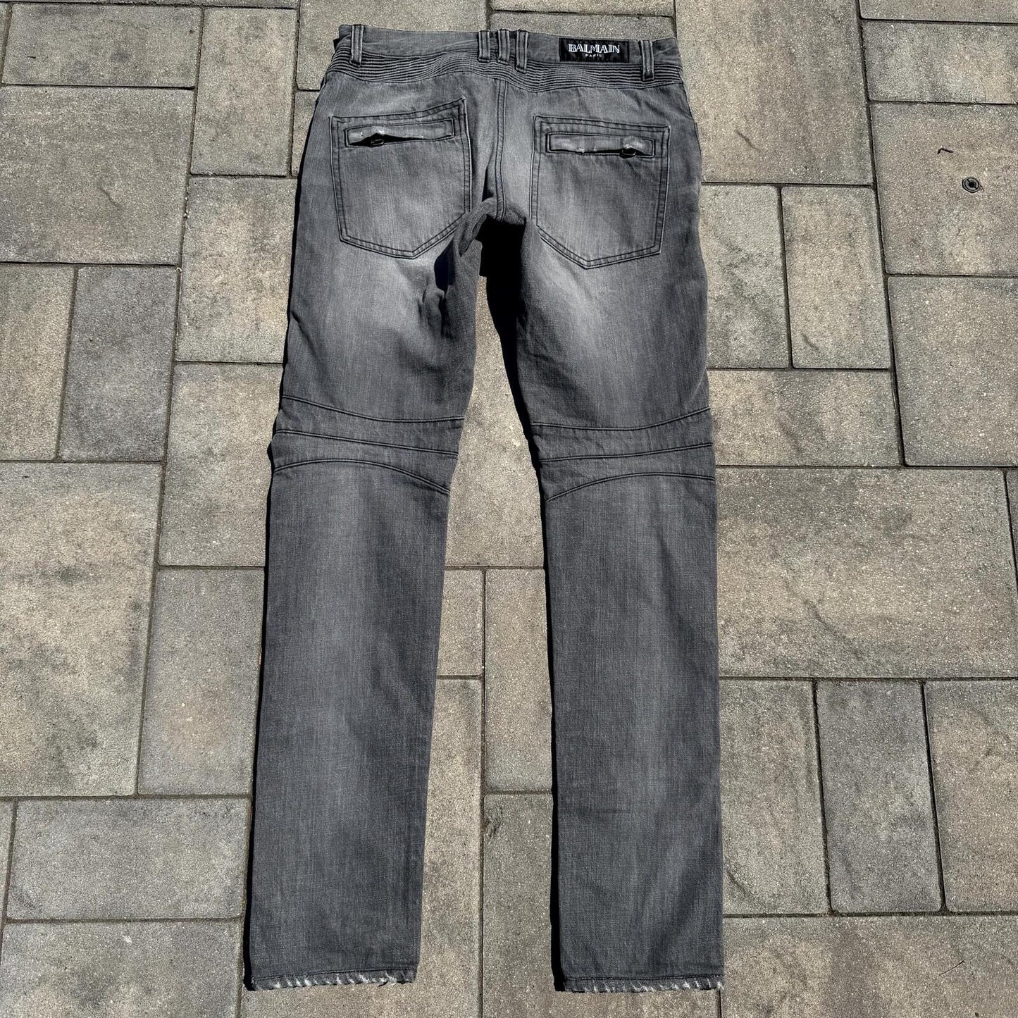 Balmain Grey Distressed Biker Denim