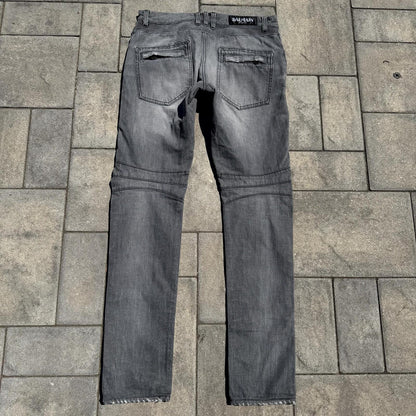 Balmain Grey Distressed Biker Denim