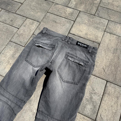 Balmain Grey Distressed Biker Denim
