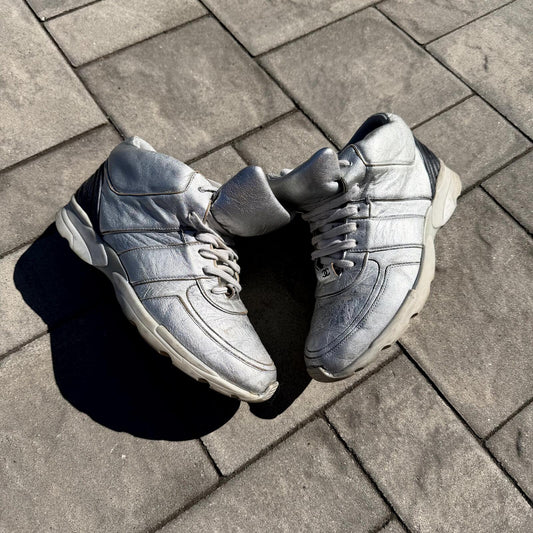 Chanel Sample Silver Mid Top Sneakers