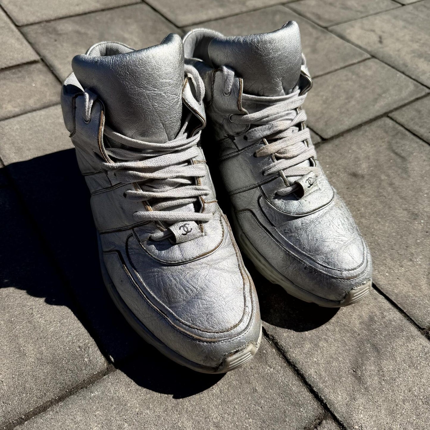 Chanel Sample Silver Mid Top Sneakers