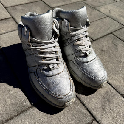 Chanel Sample Silver Mid Top Sneakers
