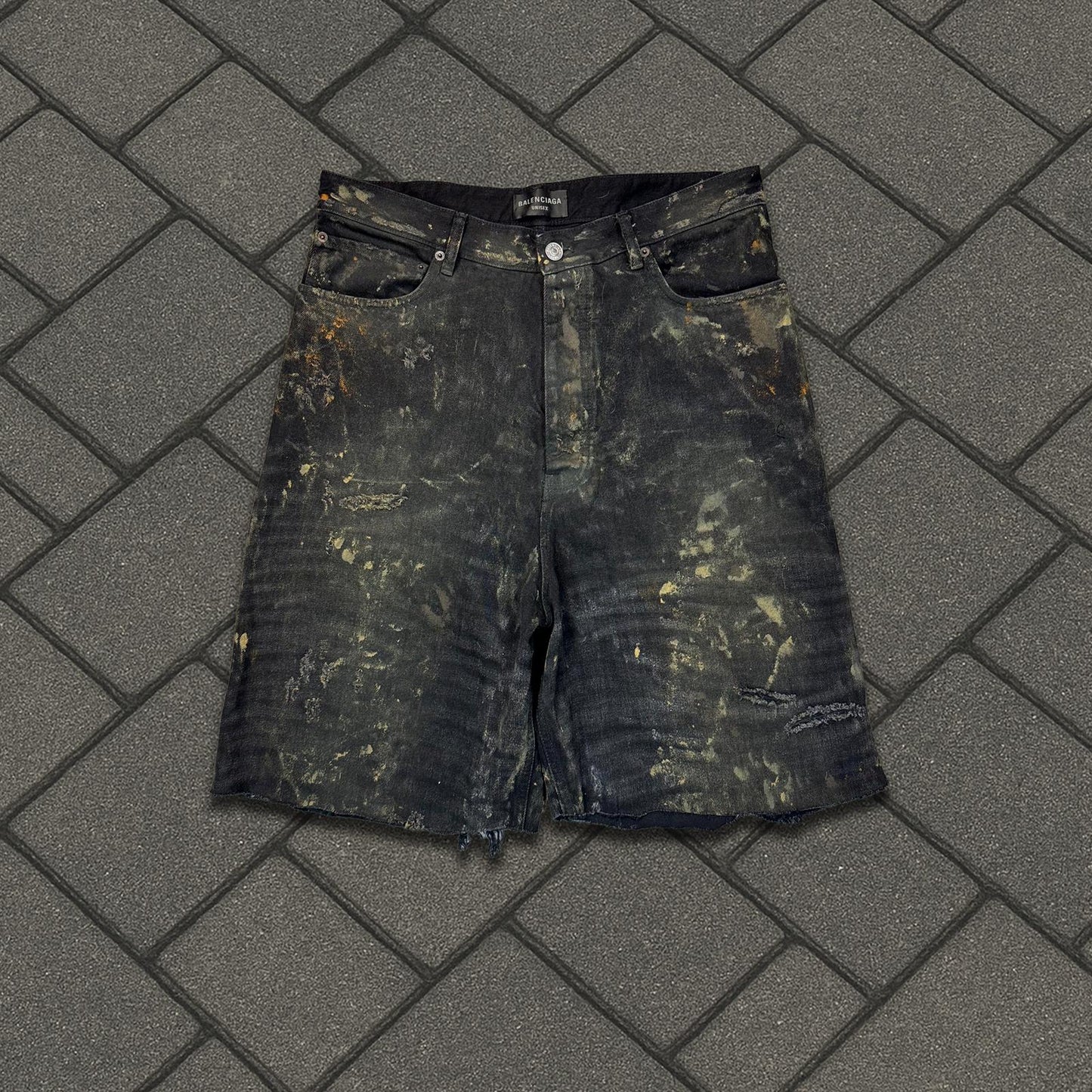 SS23 Balenciaga Thrashed Mud Denim Shorts