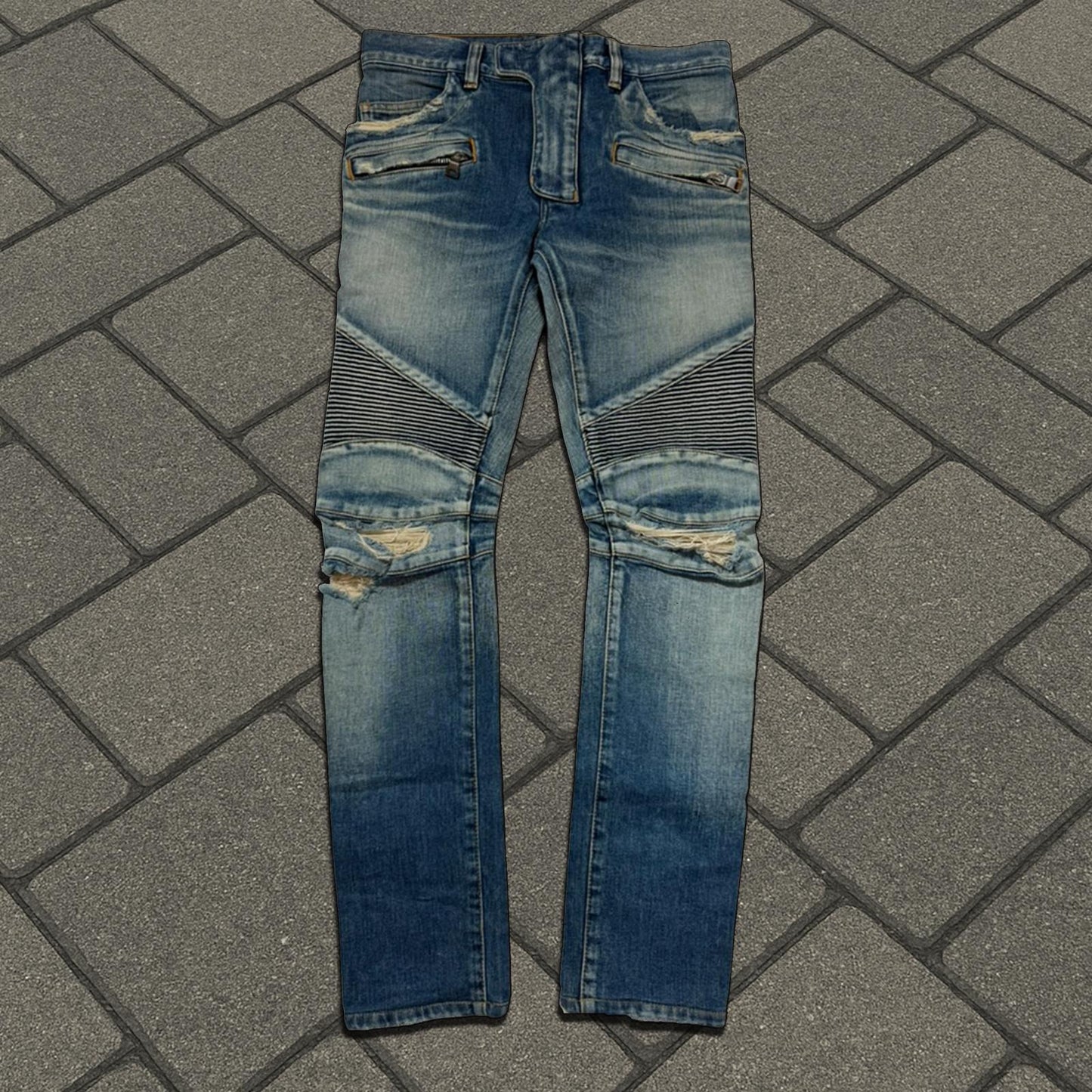 AW15 Balmain Distressed Biker Denim