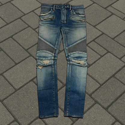 AW15 Balmain Distressed Biker Denim