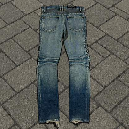 AW15 Balmain Distressed Biker Denim