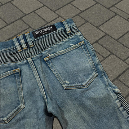 AW15 Balmain Distressed Biker Denim