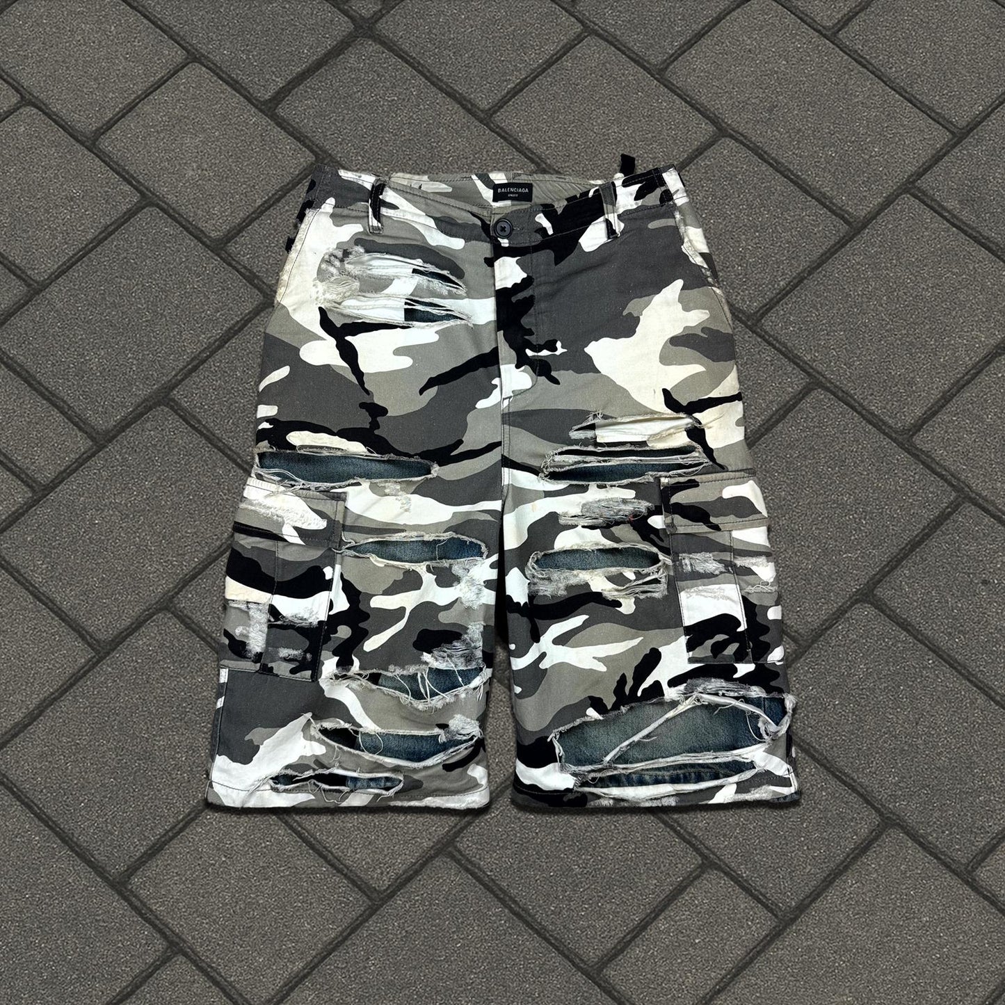 Balenciaga Trompe Loeil Snow Camo Destroyed Shorts