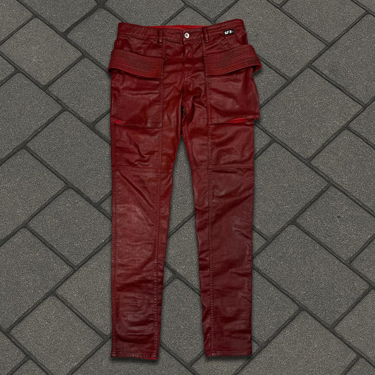 SS21 Rick Owens Dark Cherry Waxed Creatch Cargos